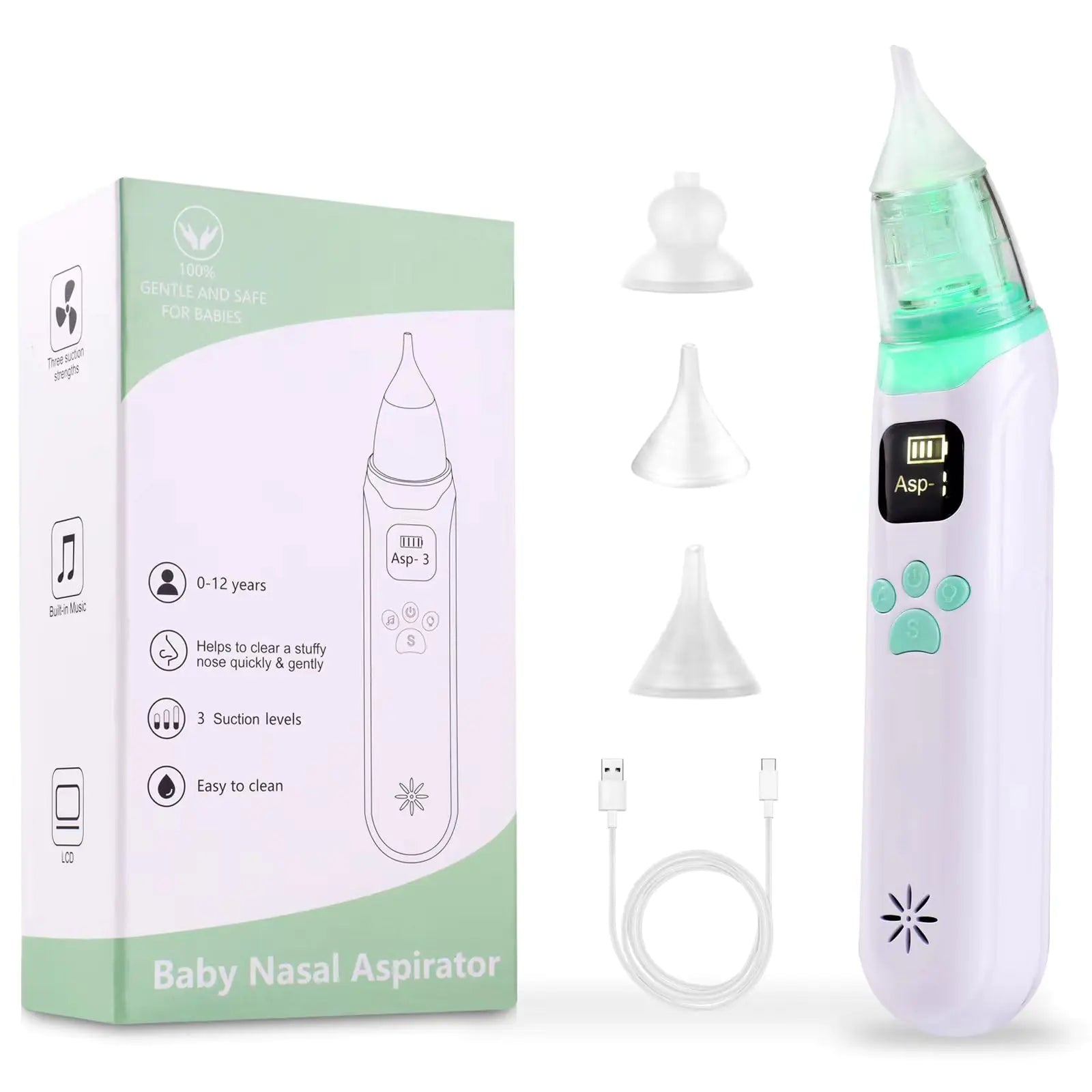 Electric Baby Nasal Aspirator | USB Rechargeable, 3 Suction Levels with Music & LCD Display