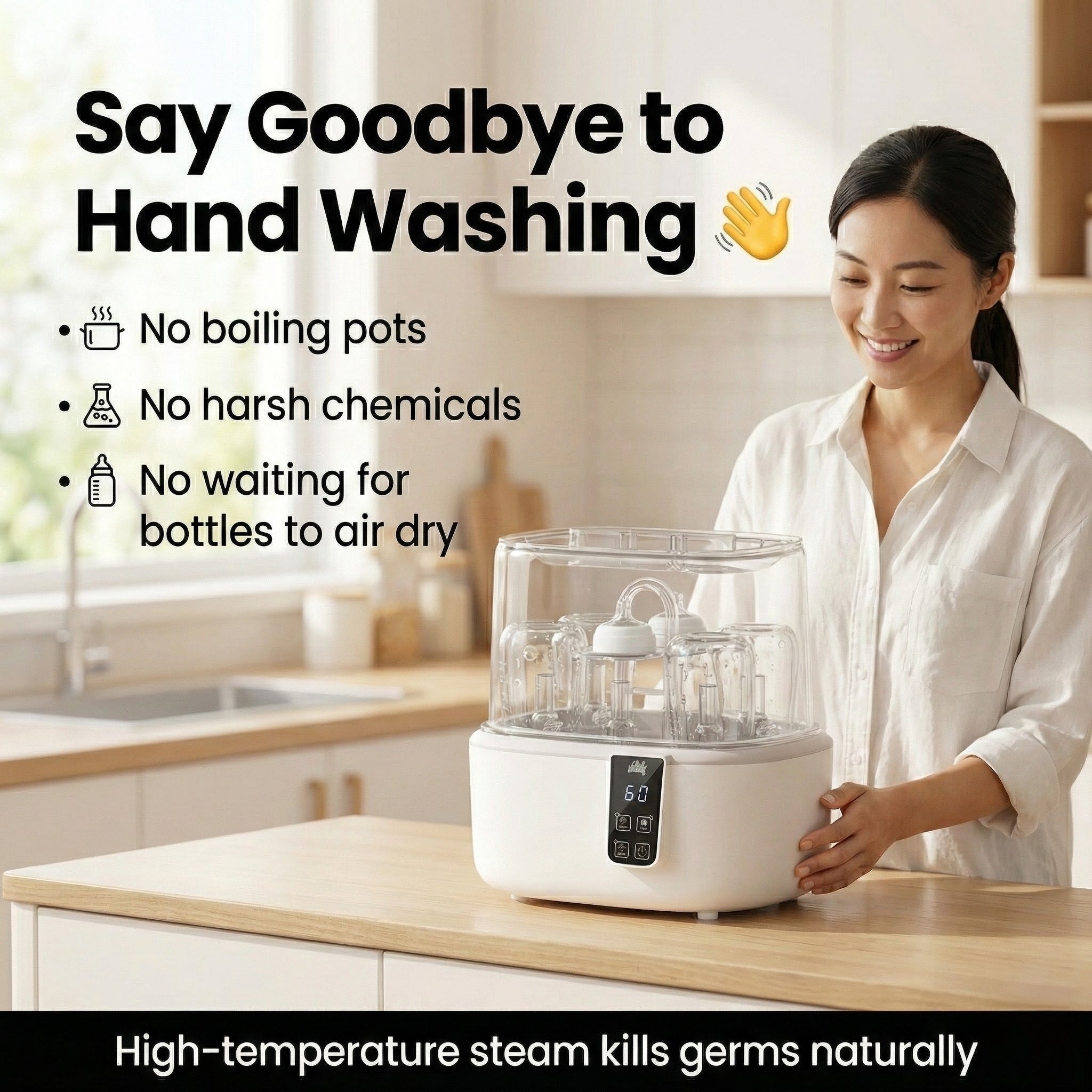 Baby Bottle Sterilizer & Dryer – Steam Clean, Holds 6 Bottles